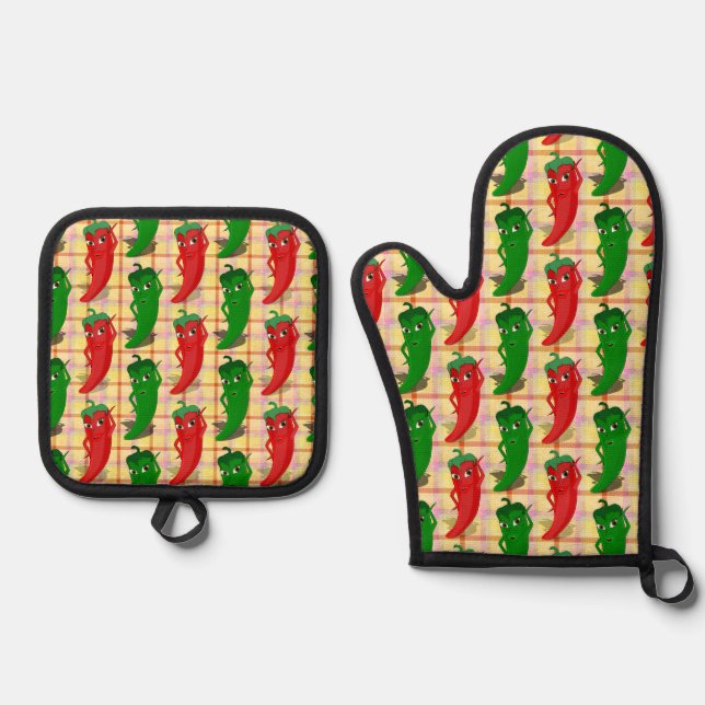 Hot Pepper Divas Drawing Custom Plaid Pattern Oven Mitt & Pot Holder Set (Front)