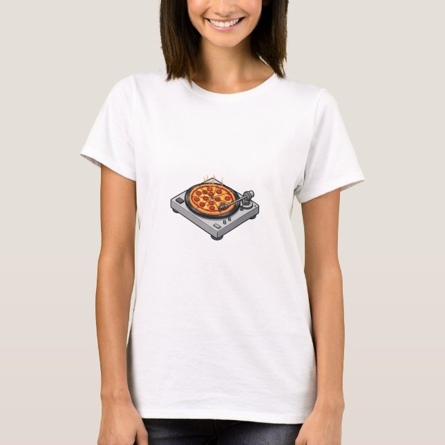 Hot Pepperoni Pizza Spinning on a Retro Turntable T-Shirt (Front)