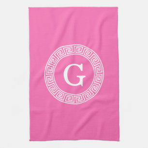 Hot Pink2 Wht Greek Key Rnd Frame Initial Monogram Kitchen Towel
