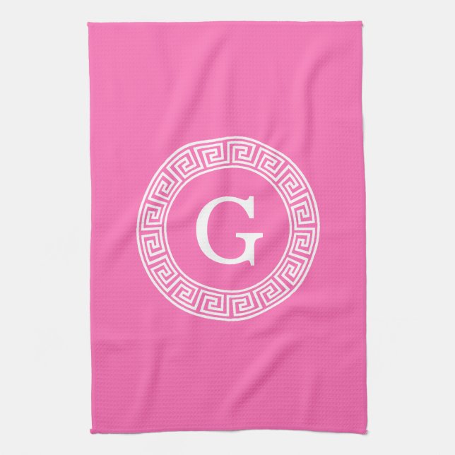 Hot Pink2 Wht Greek Key Rnd Frame Initial Monogram Kitchen Towel (Vertical)
