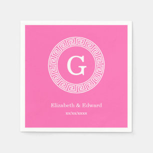 Hot Pink2 Wht Greek Key Rnd Frame Initial Monogram Napkin