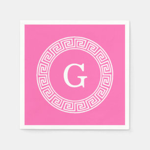 Hot Pink2 Wht Greek Key Rnd Frame Initial Monogram Napkin
