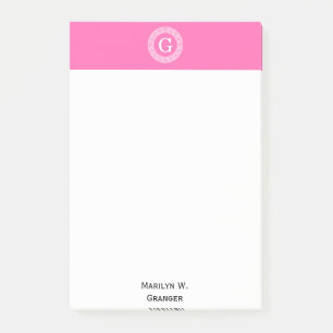 Hot Pink2 Wht Greek Key Rnd Frame Initial Monogram Post-it Notes
