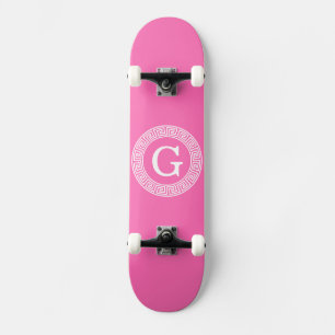 Hot Pink2 Wht Greek Key Rnd Frame Initial Monogram Skateboard