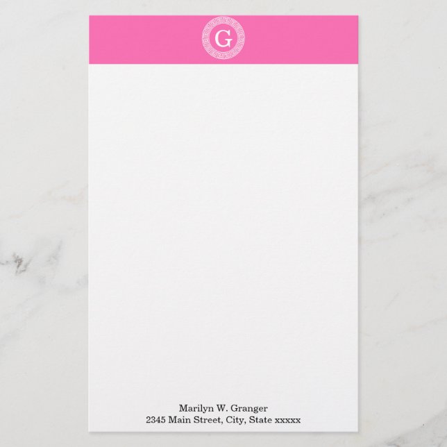 Hot Pink2 Wht Greek Key Rnd Frame Initial Monogram Stationery (Front)