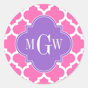 Hot Pink2 Wht Moroccan #5 Amethyst 3 Init Monogram Classic Round Sticker