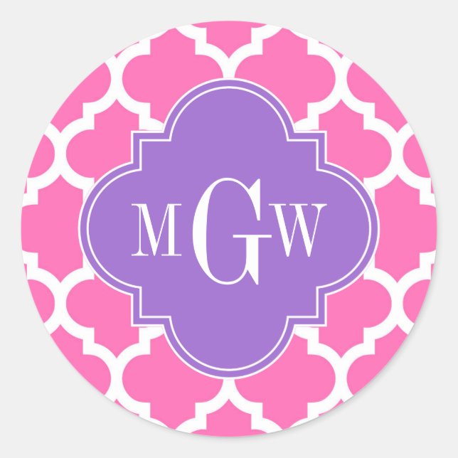 Hot Pink2 Wht Moroccan #5 Amethyst 3 Init Monogram Classic Round Sticker (Front)