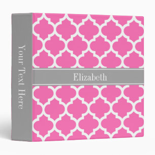 Hot Pink2 Wht Moroccan #5 Dark Grey Name Monogram Binder