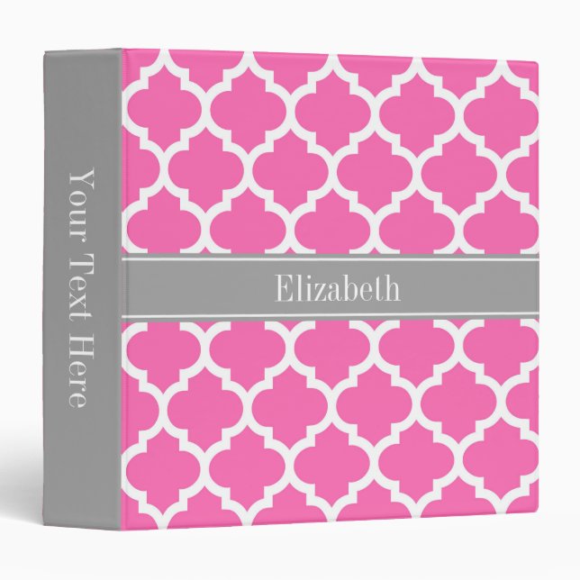 Hot Pink2 Wht Moroccan #5 Dark Grey Name Monogram Binder (Front/Spine)