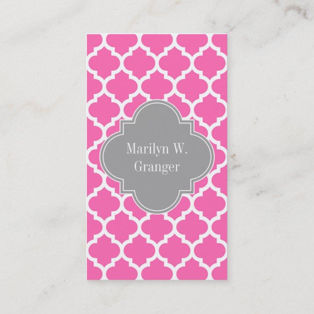 Hot Pink2 Wht Moroccan #5 Dark Grey Name Monogram Business Card (Back)