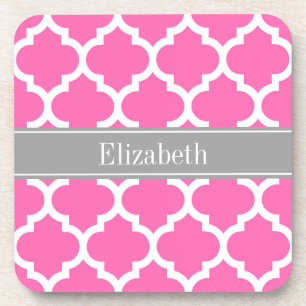 Hot Pink2 Wht Moroccan #5 Dark Grey Name Monogram Coaster