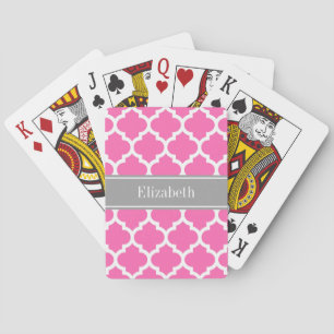 Hot Pink2 Wht Moroccan #5 Dark Grey Name Monogram Playing Cards
