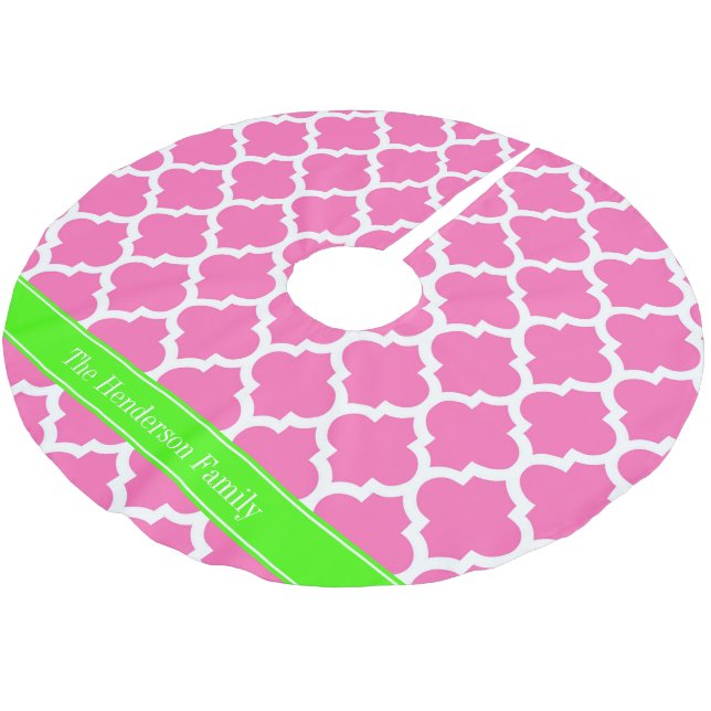 Hot Pink2 Wht Moroccan #5 Lime Green Name Monogram Brushed Polyester Tree Skirt (Angled)
