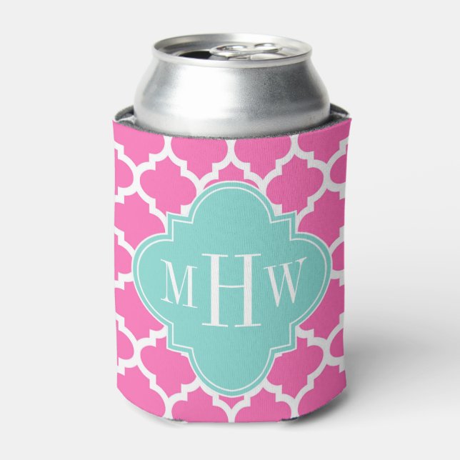 Hot Pink2 Wt Moroccan #5 Turquoise 3 Init Monogram Can Cooler (Can Front)