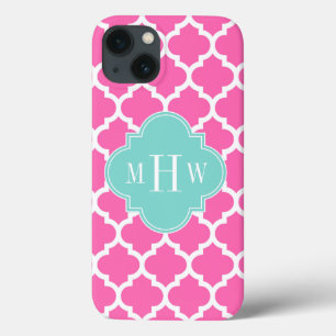 Hot Pink2 Wt Moroccan #5 Turquoise 3 Init Monogram iPhone 13 Case