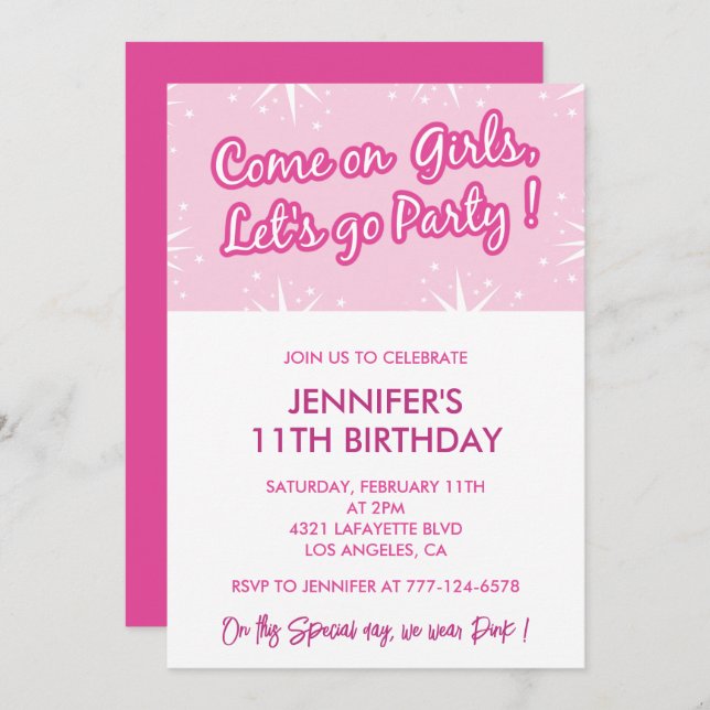 Hot pink 11th birthday invitations for her girly (Front/Back)