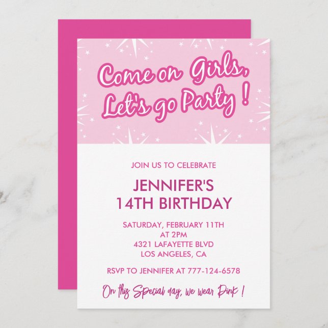 Hot pink 14th birthday invitations for her girly (Front/Back)