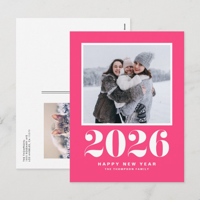 Hot Pink 2025 Bold Typography New Year Photo Holiday Postcard (Front/Back)