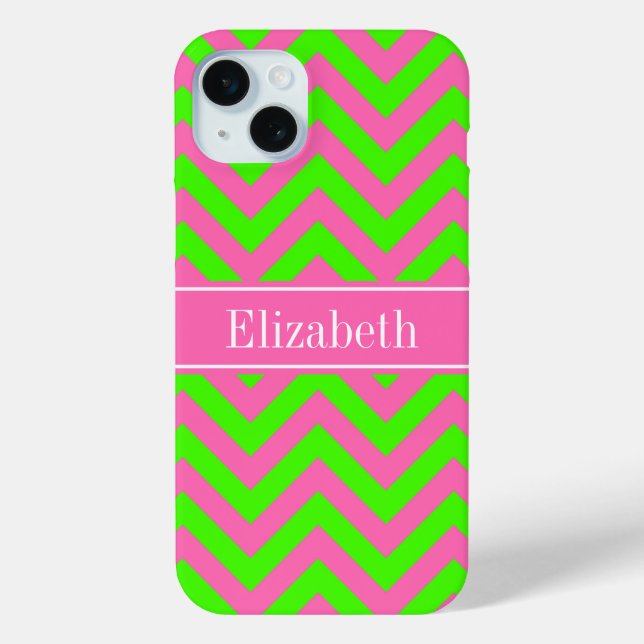 Hot Pink #2 Lime Green LG Chevron Name Monogram Case-Mate iPhone Case (Back)