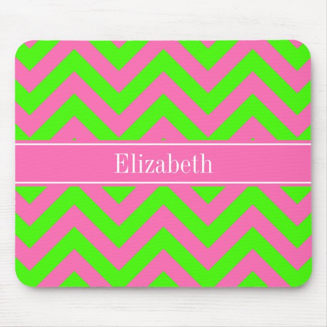 Hot Pink #2 Lime Green LG Chevron Name Monogram Mouse Pad (Front)
