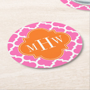 Hot Pink#2 Moroccan #5 Pumpkin 3 Initial Monogram Round Paper Coaster