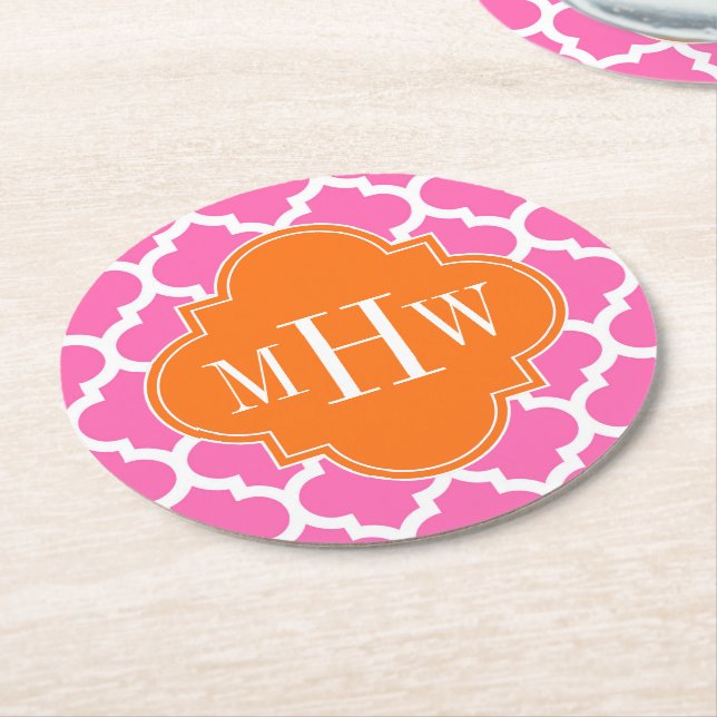 Hot Pink#2  Moroccan #5 Pumpkin 3 Initial Monogram Round Paper Coaster (Angled)