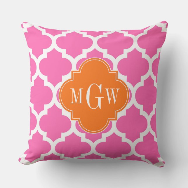 Hot Pink#2  Moroccan #5 Pumpkin 3 Initial Monogram Throw Pillow (Front)