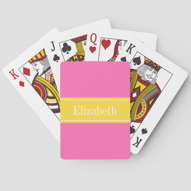 Hot Pink #2, Pineapple Ribbon Name Monogram Playing Cards (Back)