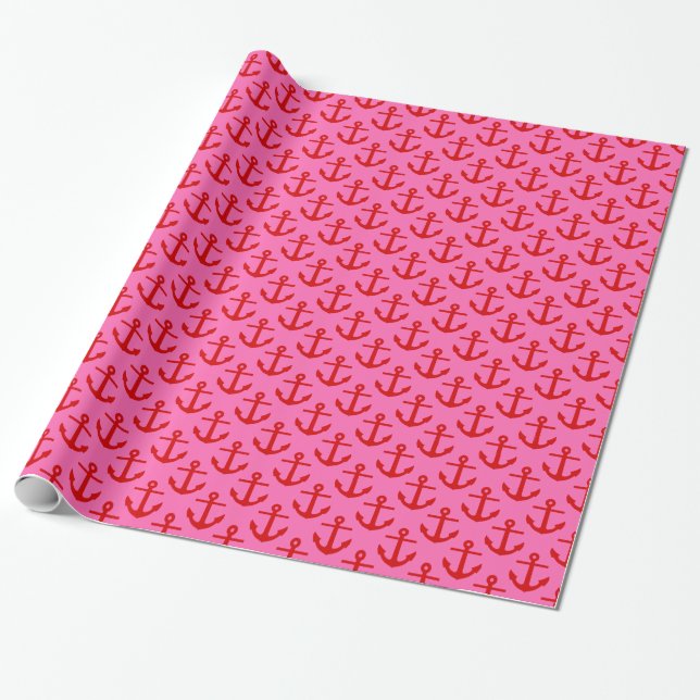 Hot Pink #2, Red Anchors Pattern Wrapping Paper (Unrolled)