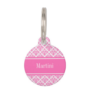 Hot Pink 2 Wht Damask #3 Hot Pink Name Monogram Pet Tag