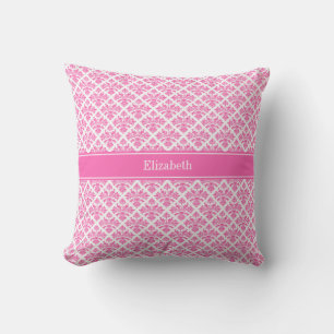 Hot Pink 2 Wht Damask #3 Hot Pink Name Monogram Throw Pillow