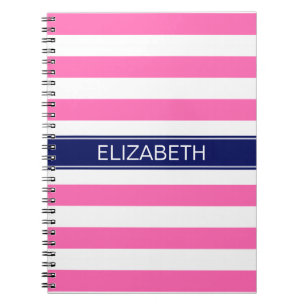 Hot Pink #2 Wht Horiz Stripe Navy Name Monogram Notebook