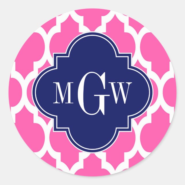Hot Pink #2 Wht Moroccan #4 Navy Name Monogram Classic Round Sticker (Front)