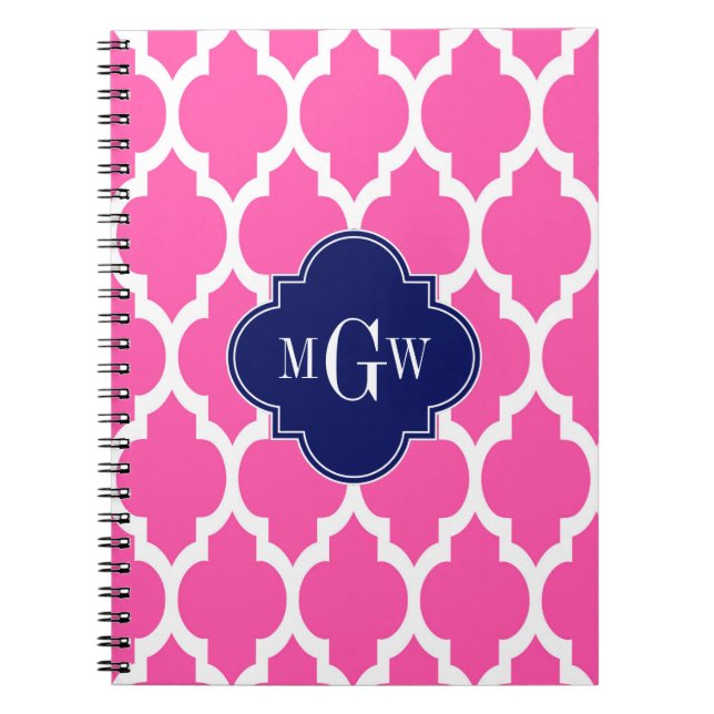 Hot Pink #2 Wht Moroccan #4 Navy Name Monogram Notebook (Front)