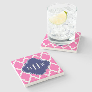 Hot Pink #2 Wht Moroccan #4 Navy Name Monogram Stone Coaster