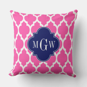 Hot Pink #2 Wht Moroccan #4 Navy Name Monogram Throw Pillow