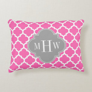 Hot Pink #2 Wht Moroccan #5 Dk Grey Name Monogram Accent Pillow