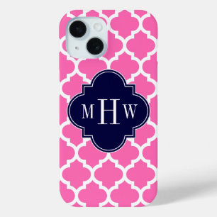 Hot Pink#2 Wht Moroccan #5 Navy 3 Initial Monogram iPhone 15 Case