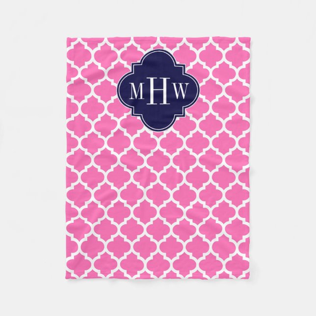 Hot Pink#2 Wht Moroccan #5 Navy 3 Initial Monogram Fleece Blanket (Front)
