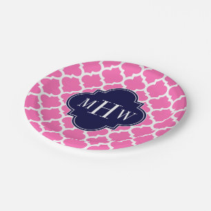 Hot Pink#2 Wht Moroccan #5 Navy 3 Initial Monogram Paper Plate