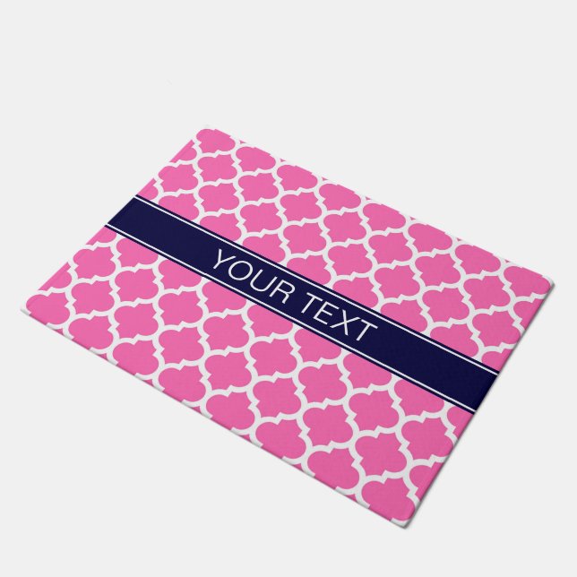 Hot Pink 2 Wht Moroccan #5 Navy Blue Name Monogram Doormat (Angled)