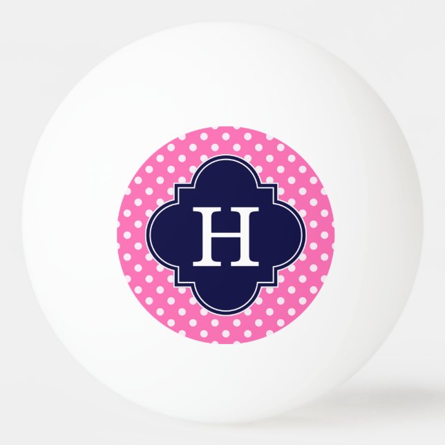 Hot Pink #2 Wht Polka Dot Navy Quatrefoil Monogram Ping Pong Ball (Front)