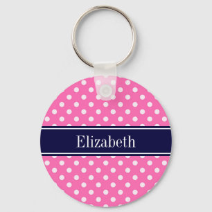 Hot Pink #2 Wht Polka Dots Navy Blue Name Monogram Keychain