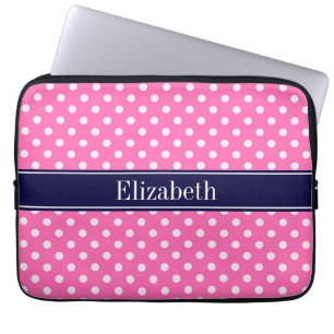 Hot Pink #2 Wht Polka Dots Navy Blue Name Monogram Laptop Sleeve
