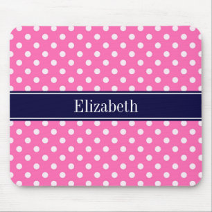 Hot Pink #2 Wht Polka Dots Navy Blue Name Monogram Mouse Pad
