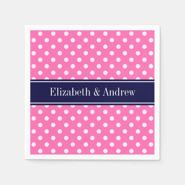 Hot Pink #2 Wht Polka Dots Navy Blue Name Monogram Napkin (Front)