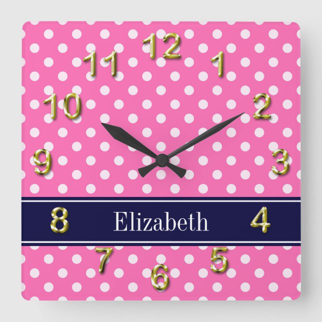 Hot Pink #2 Wht Polka Dots Navy Blue Name Monogram Square Wall Clock (Front)