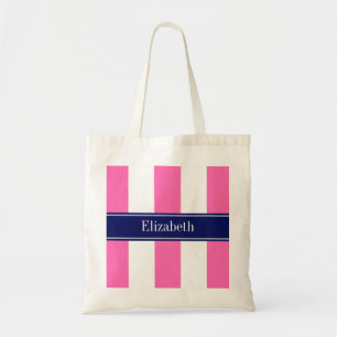 Hot Pink #2 XL Stripes, Navy 5c Name Monogram Tote Bag