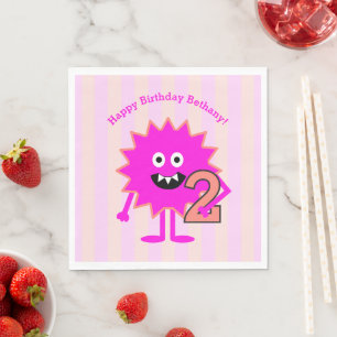 Hot Pink 2nd Birthday Girl Monster Cute Fun Modern Napkin