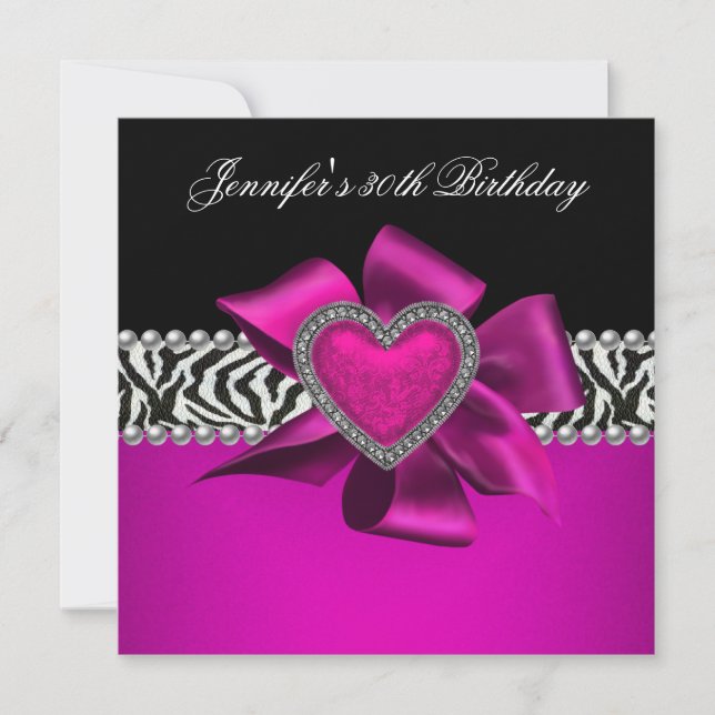Hot Pink 30th Birthday Party Zebra Black Invitation (Front)